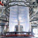 Extrusion machine forming film for flexible plastic packaging in industrial production.