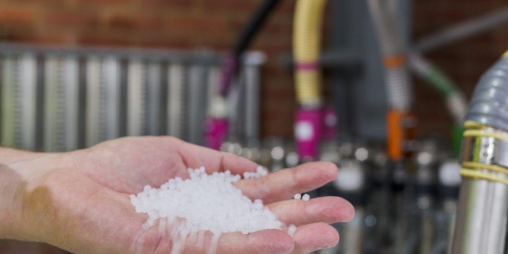Plastic resin granules prepared for extrusion in flexible film production and packaging systems.